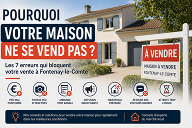 Maison à vendre à Fontenay-le-Comte illustrant les principales raisons pour lesquelles un bien immobilier ne se vend pas, avec un panneau "À vendre" et les 7 erreurs à éviter.
