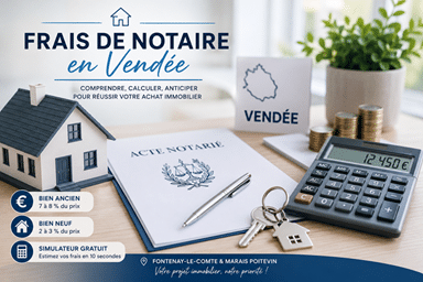 Frais de notaire en Vendée : illustration d'un achat immobilier avec maison, acte notarié et calculatrice pour estimer les frais d'acquisition